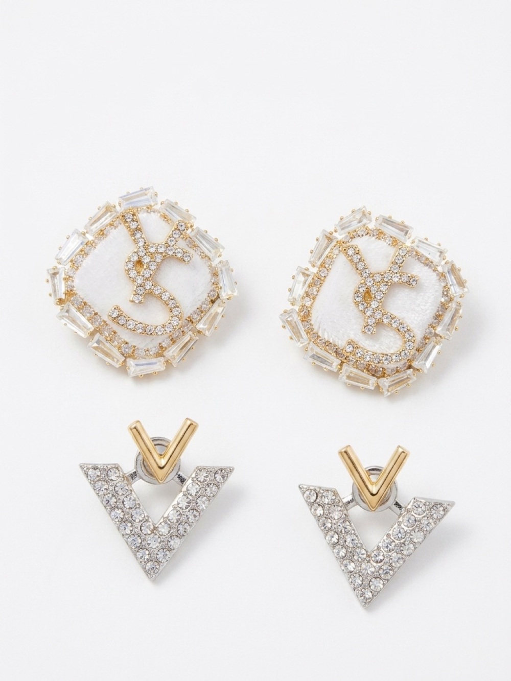 White & Gold Crystal Rhinestone Studs with V-Shaped Crystal Drops